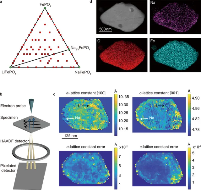 Calculated phase stability and electron microscopy maps identifying lithium–sodium solid solutions in iron phosphate.