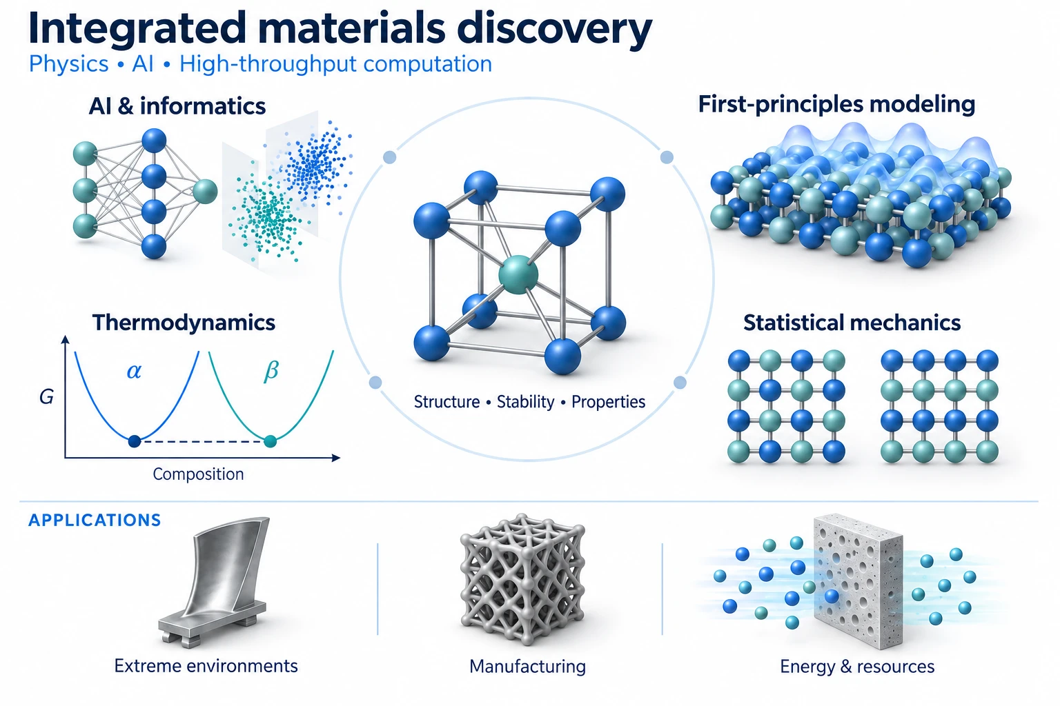 Integrated materials discovery: AI and informatics, first-principles modeling, thermodynamics, and statistical mechanics connect crystal structure, phase stability, and properties, with applications in extreme environments, manufacturing, and energy and resources.
