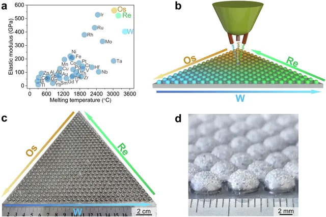 W–Re–Os alloy selection chart, additive manufacturing schematic, and photographs of the 496-sample library.